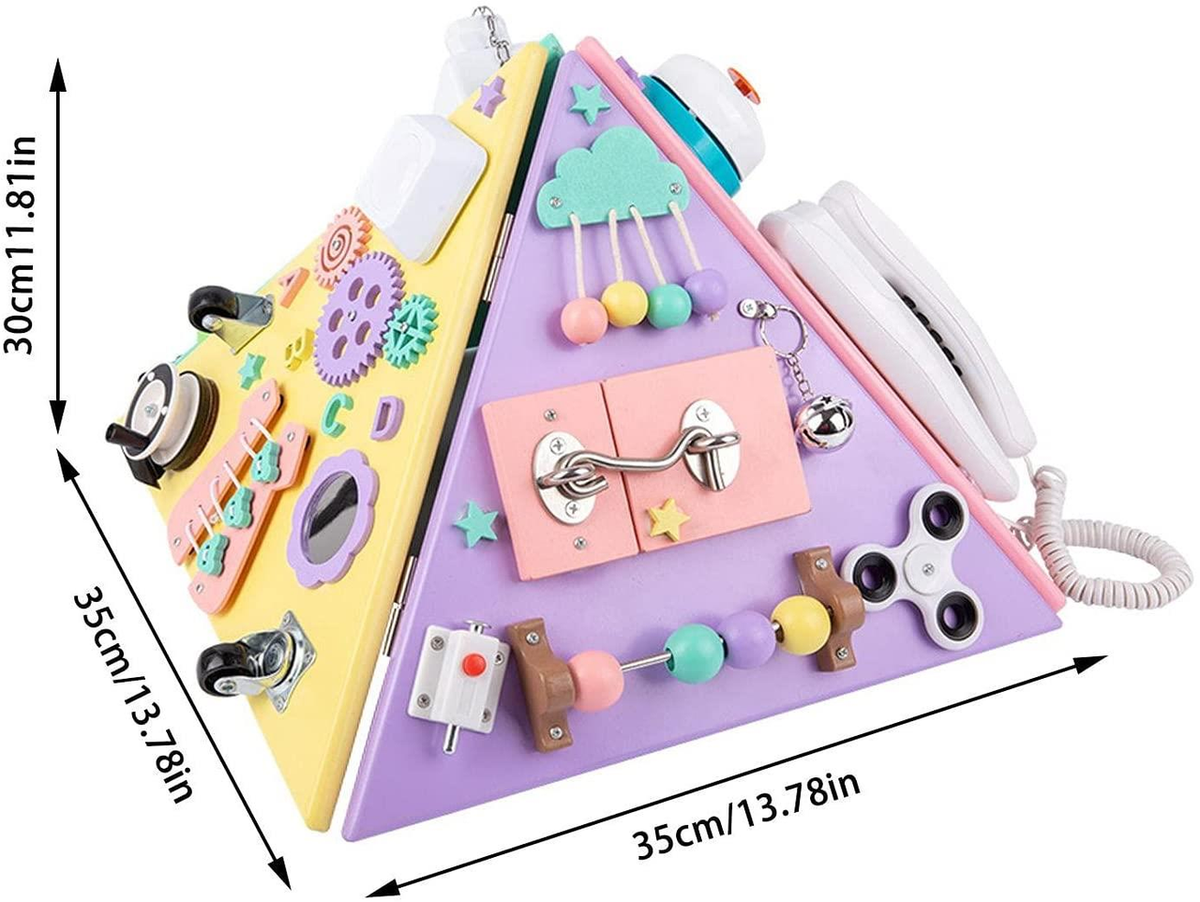 Montessori Busy Board Pyramid for Toddlers – Wooden Sensory Activity Cube for Motor Skills