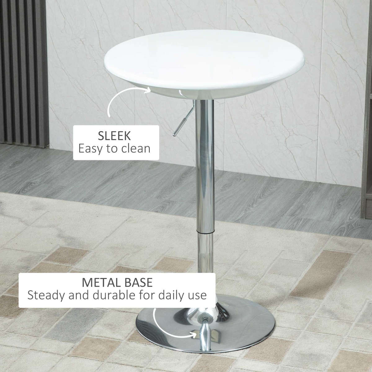 HOMCOM Bistro Pub Table with 360° Swivel Painted Top & Height-Adjustable Steel Base – Home Bar Counter Table, White