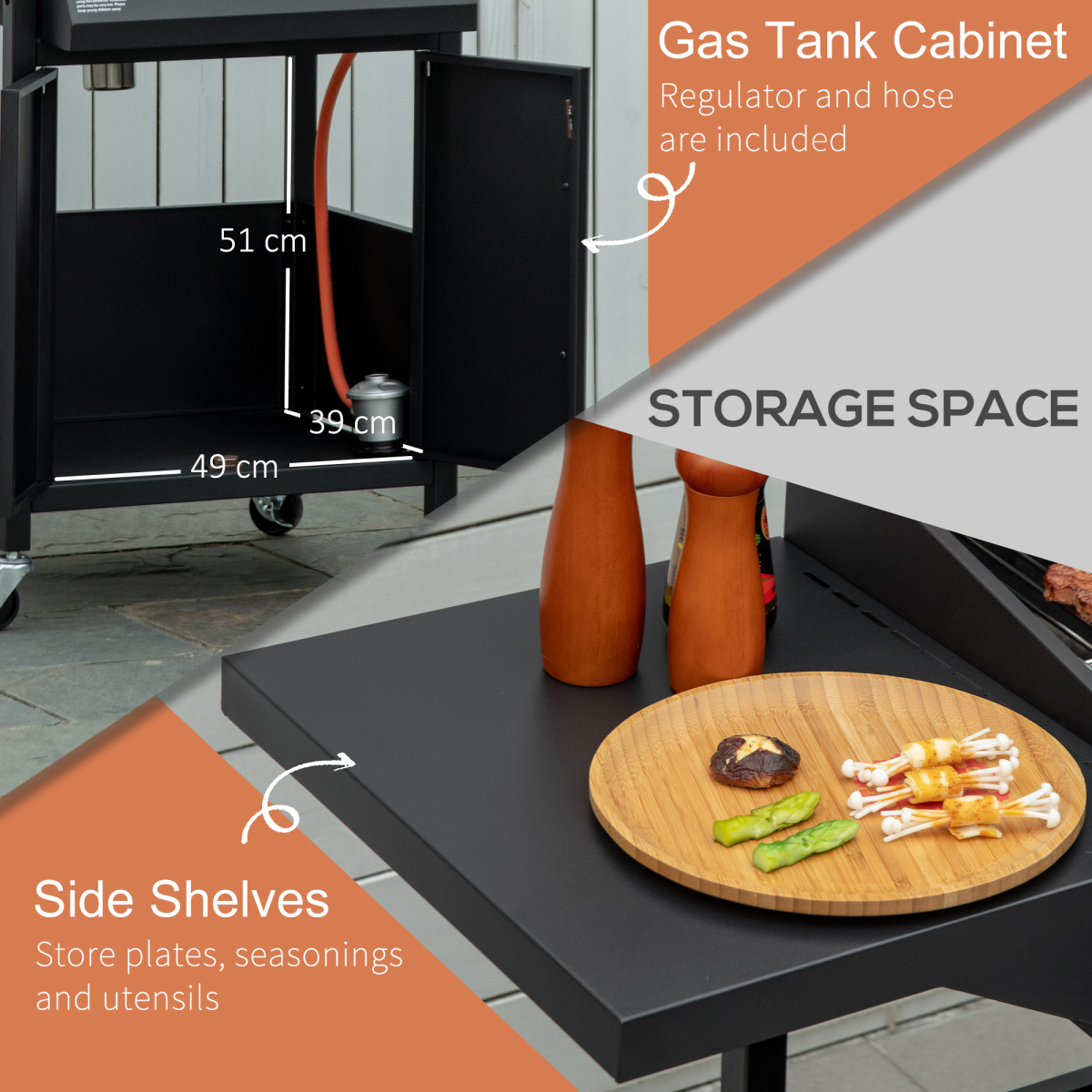 Outsunny 3 Burner Gas BBQ Grill Trolley with Warming Rack, Storage Cabinet & Piezo Ignition