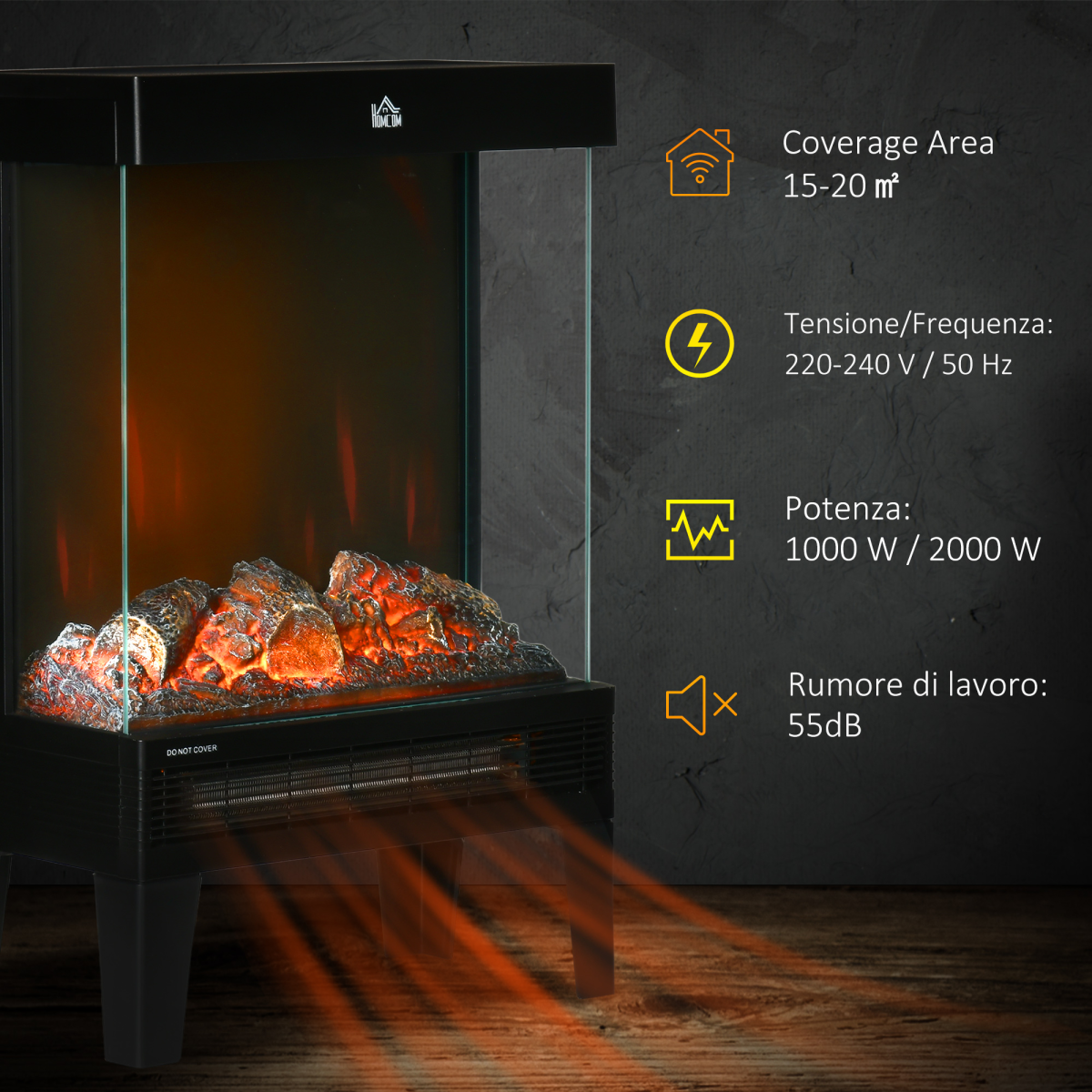 HOMCOM Electric Fireplace Heater with Quiet LED Flame Effect, 1000W/2000W and Overheat Protection