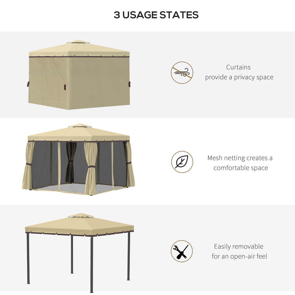 Outsunny 3 x 3m Aluminium Patio Gazebo with Mosquito Net, Four Curtains & Two-Tier Canopy Roof, Beige