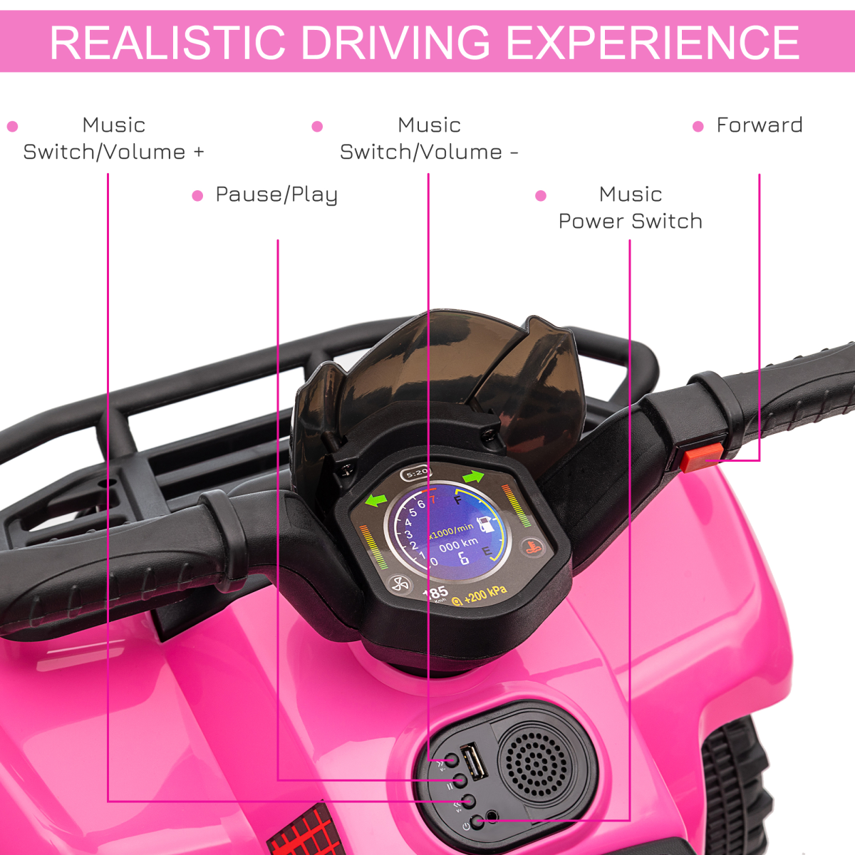 Kids Electric Ride-On Four Wheeler ATV Car with Music – Toddler Ride-On Toy for 18–36 Months, Pink
