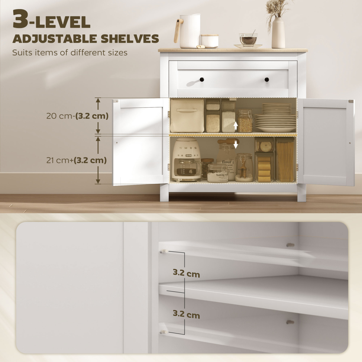 Kitchen Sideboard Storage Cabinet with Drawer & Adjustable Shelves – Freestanding Cupboard, White and Oak