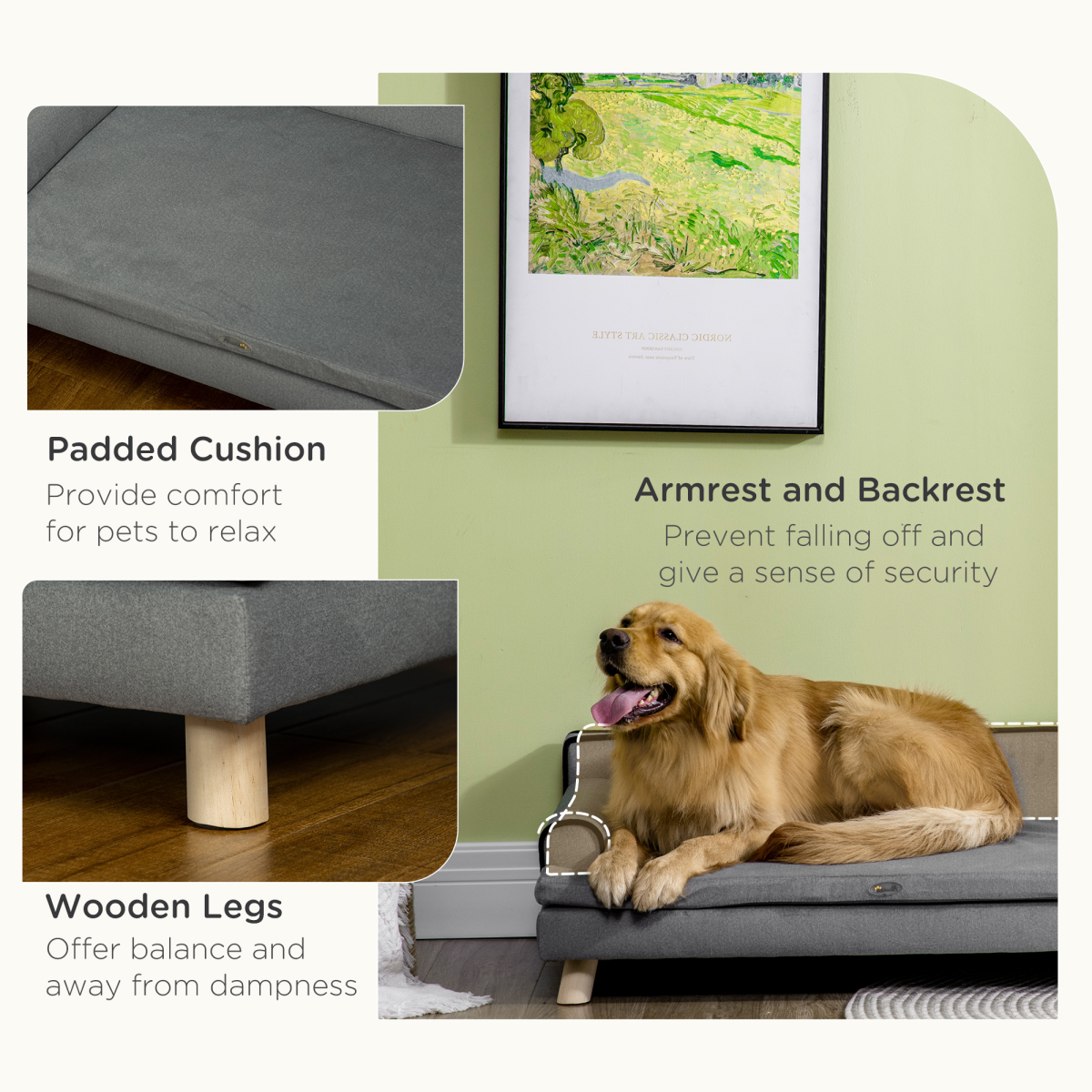 PawHut Pet Sofa Bed with Plush Cushion & Pine Legs – Water-Resistant Dog Couch for Medium & Large Dogs, Grey