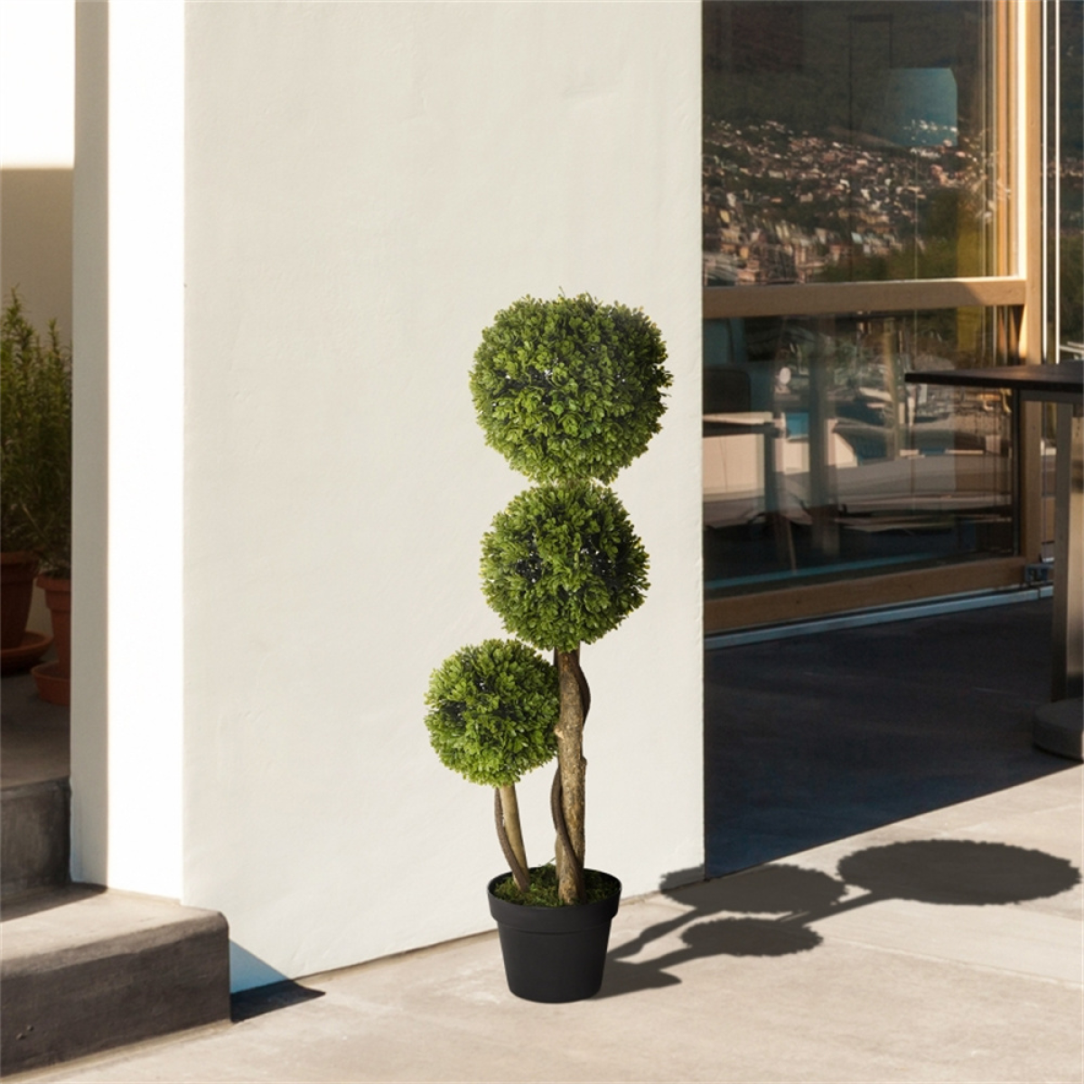 Artificial Three-Ball Boxwood Topiary Tree in Pot – Indoor & Outdoor Faux Plant Decor, Dark Green