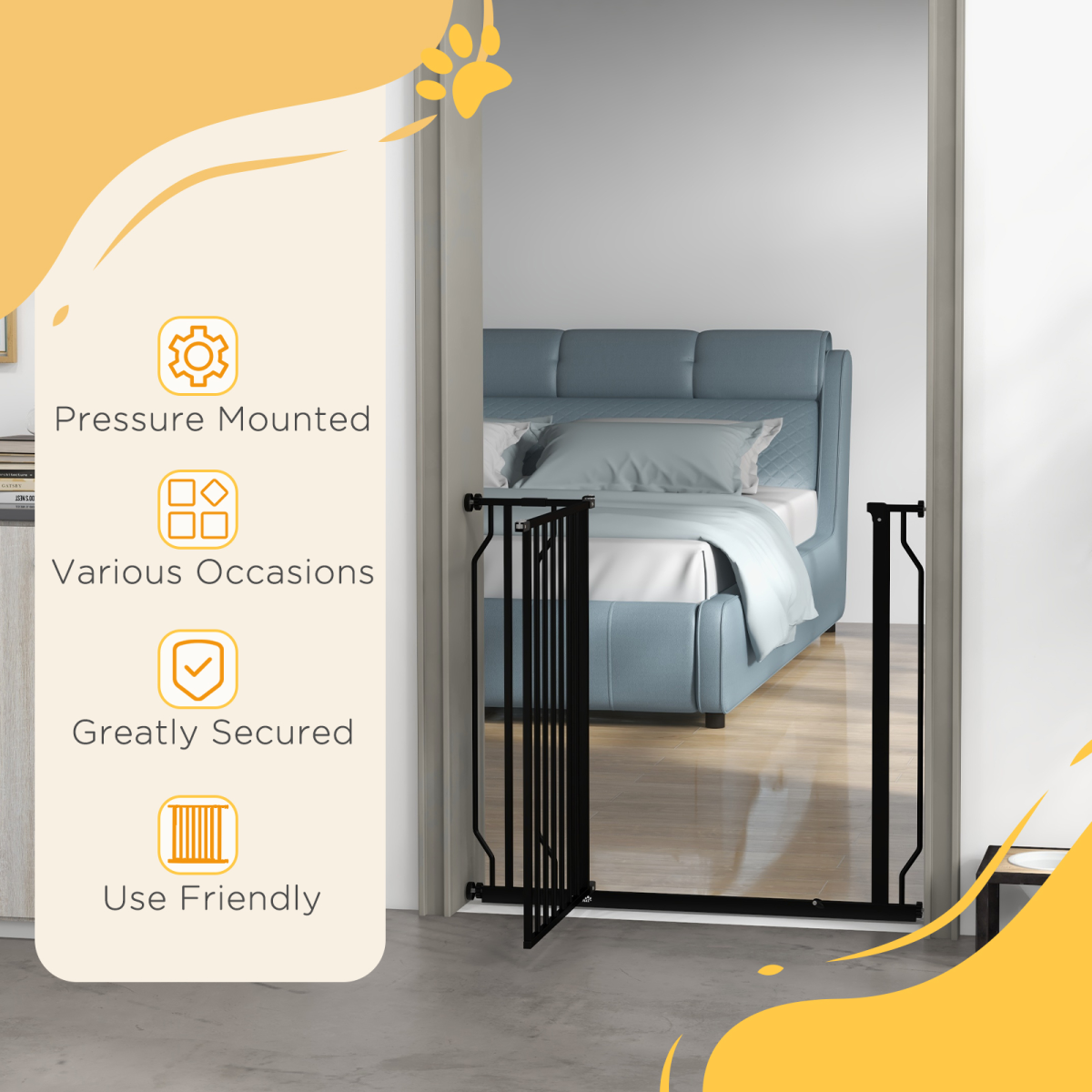 PawHut Wide Pressure-Fit Dog Gate with Door, 75–95cm Adjustable – Stair and Doorway Pet Barrier, Black