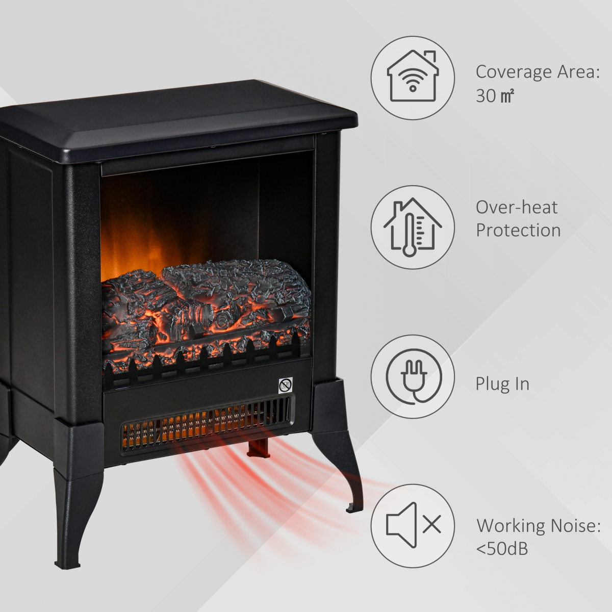 HOMCOM Freestanding Electric Fireplace Stove with Adjustable Temperature – Glass Front, Overheat Protection