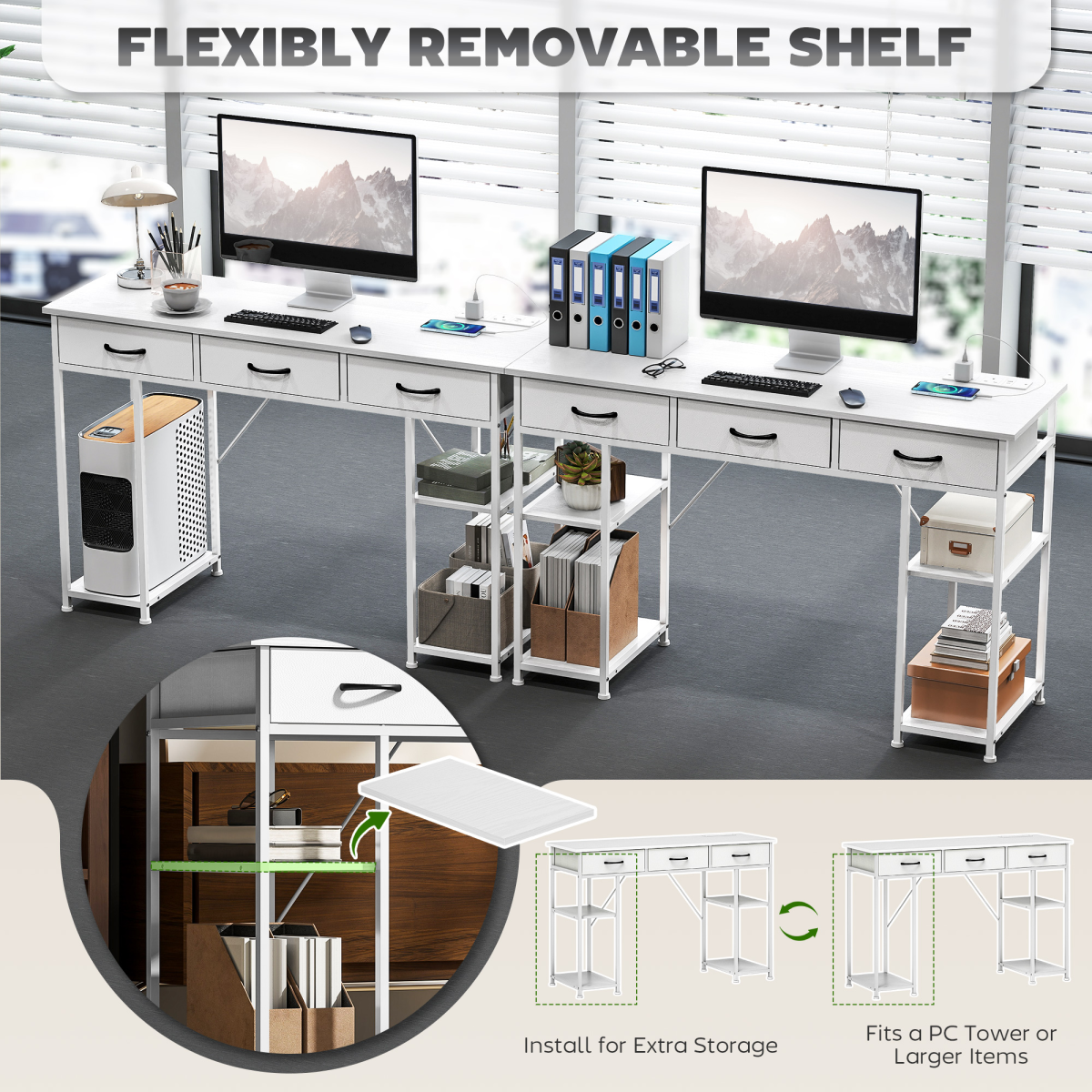 Computer Desk with Charging Station, 3 Fabric Drawers & 4 Shelves – Home Office Writing Table, White