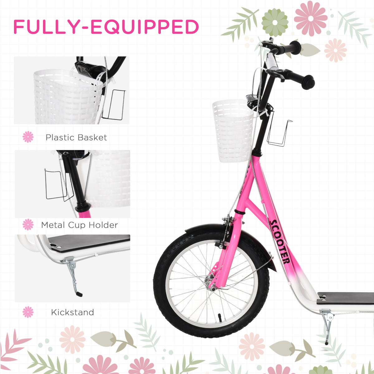HOMCOM Kids Kick Scooter with Adjustable Handlebar, Dual Brakes & Basket – Big Wheel Scooter for Ages 5-12