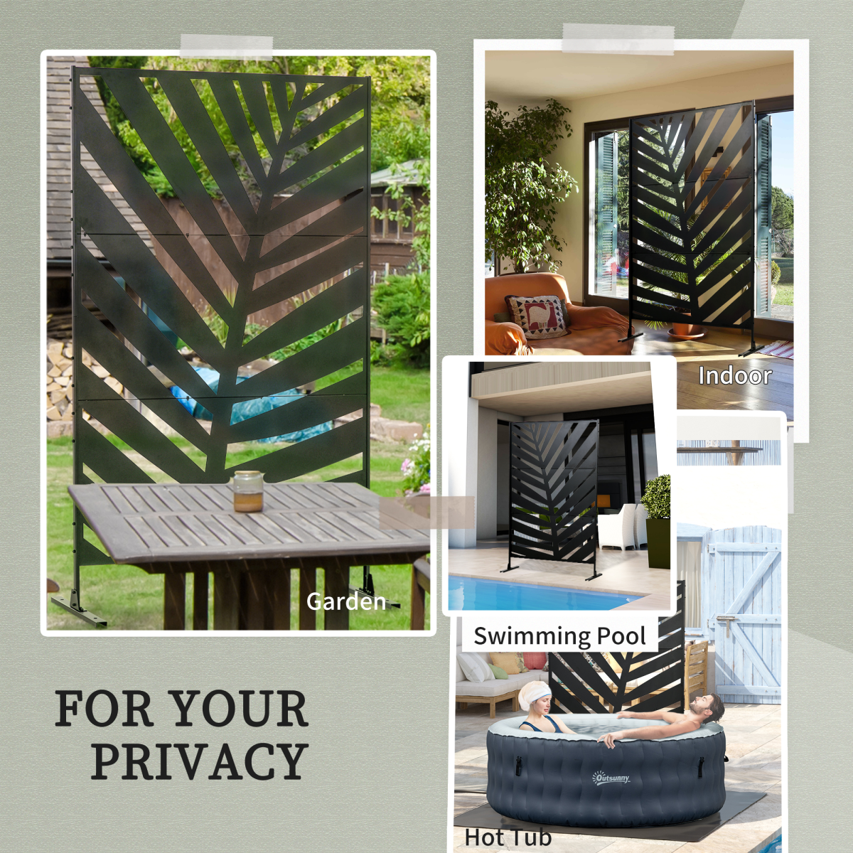 Outsunny 6.5FT Metal Outdoor Privacy Screen Panel with Stand & Ground Stakes – Banana Leaf Cut-Out Design