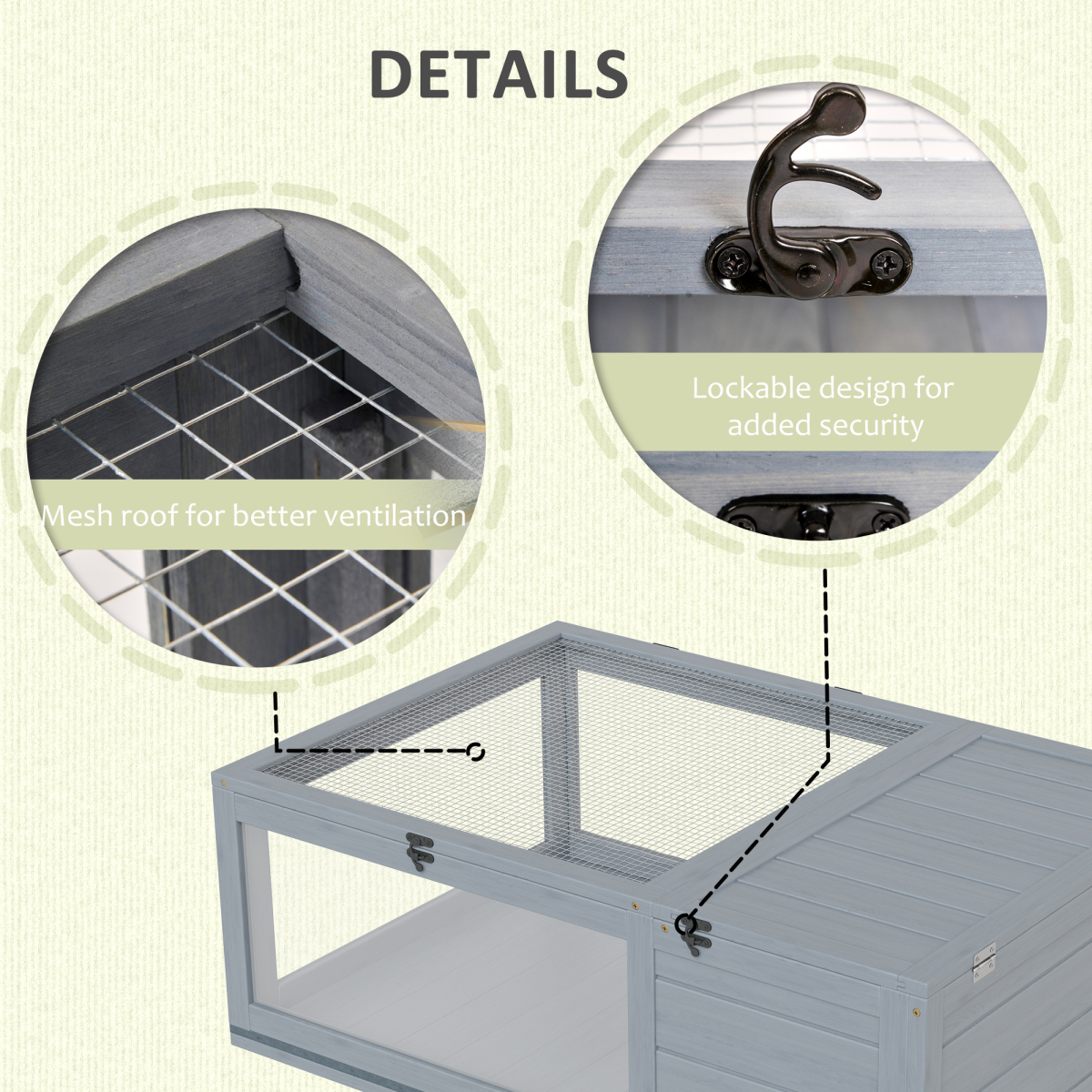 PawHut Wooden Tortoise House with Mesh Roof, Two-Room Reptile Habitat & Pull-Out Run – Grey