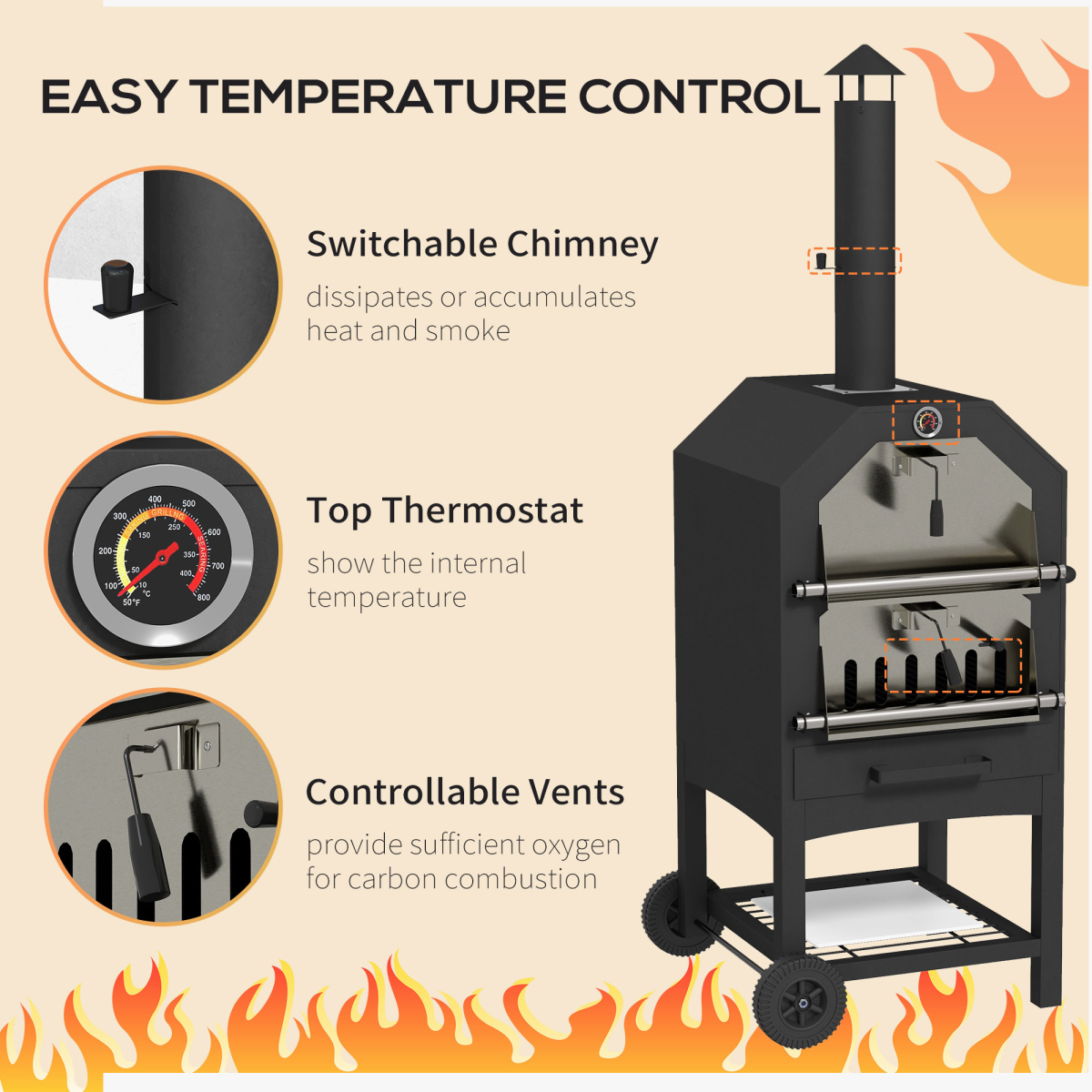 Outsunny Charcoal Pizza Oven Grill with Rain Cover, Thermometer, Wheels & Storage Shelf – Outdoor Garden Cooking, Black