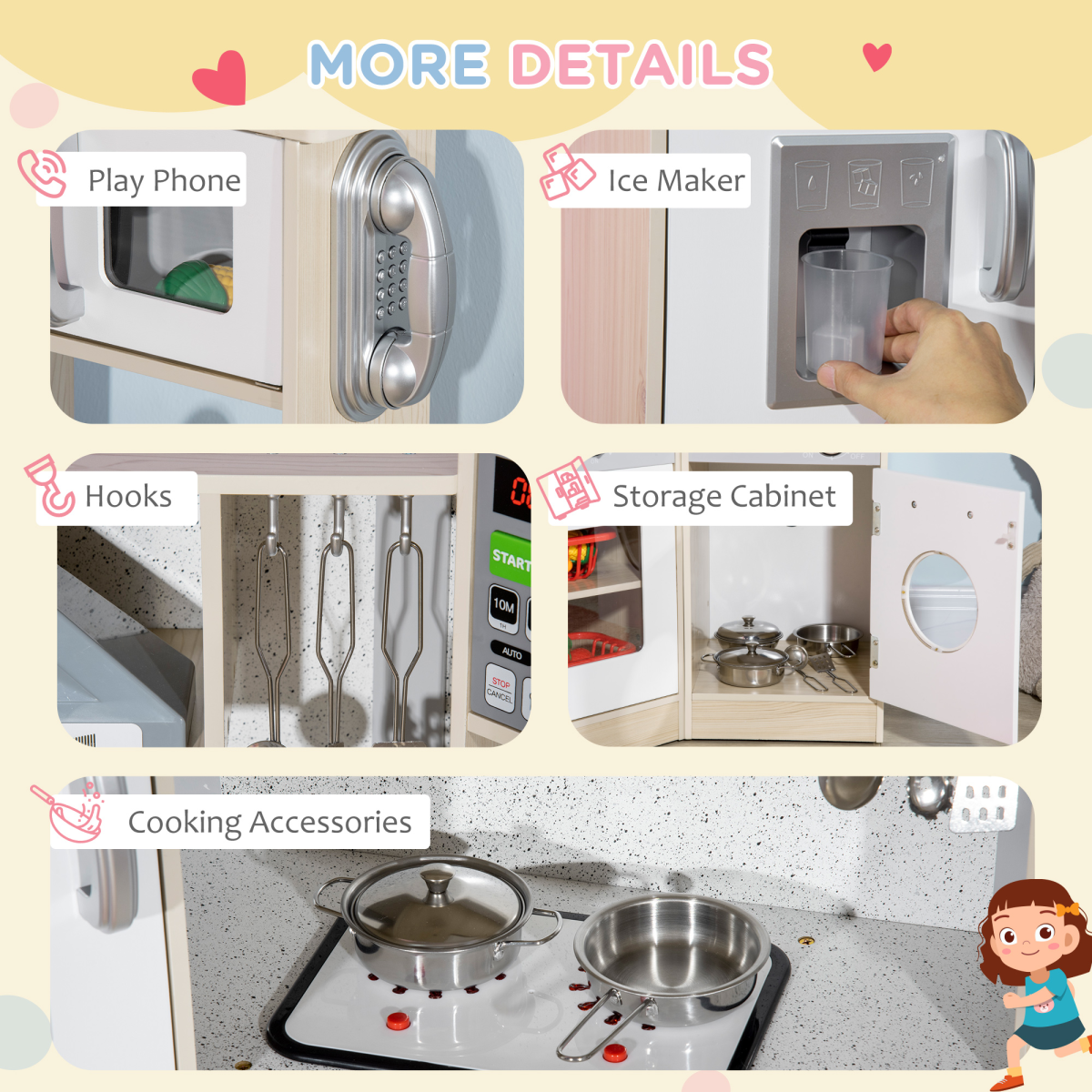 HOMCOM Corner Kids Kitchen with Sound & Light, Phone, Microwave, Oven & Range Hood – Wooden Role Play Set