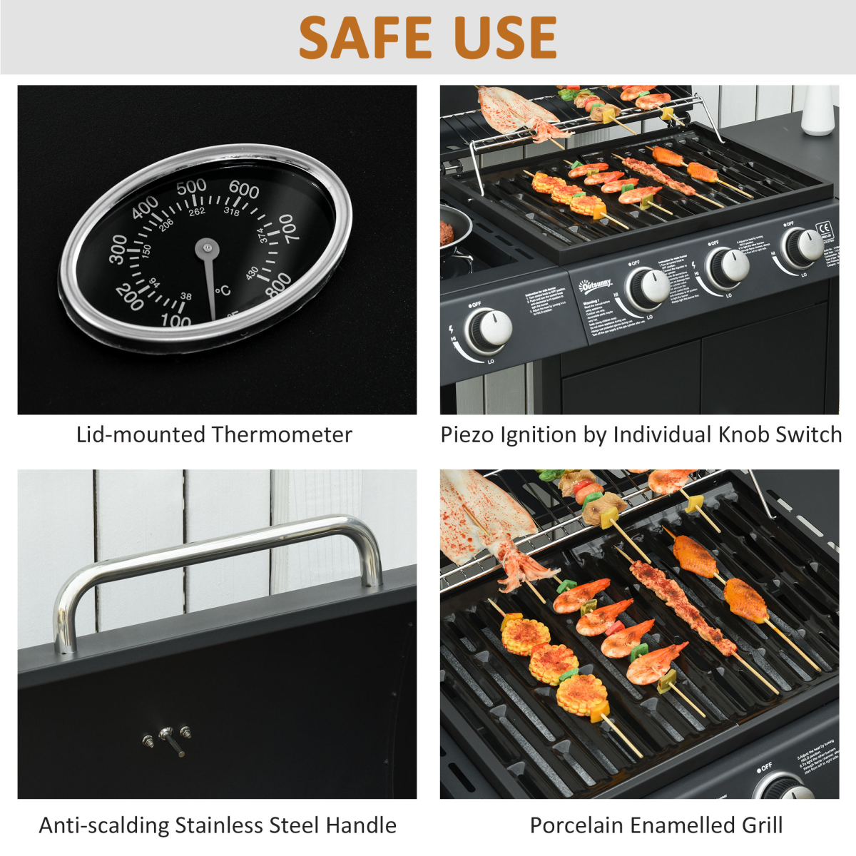 Outsunny Deluxe 3+1 Burner Gas BBQ Grill Trolley with Side Burner and Warming Rack, 110 x 50 x 100cm