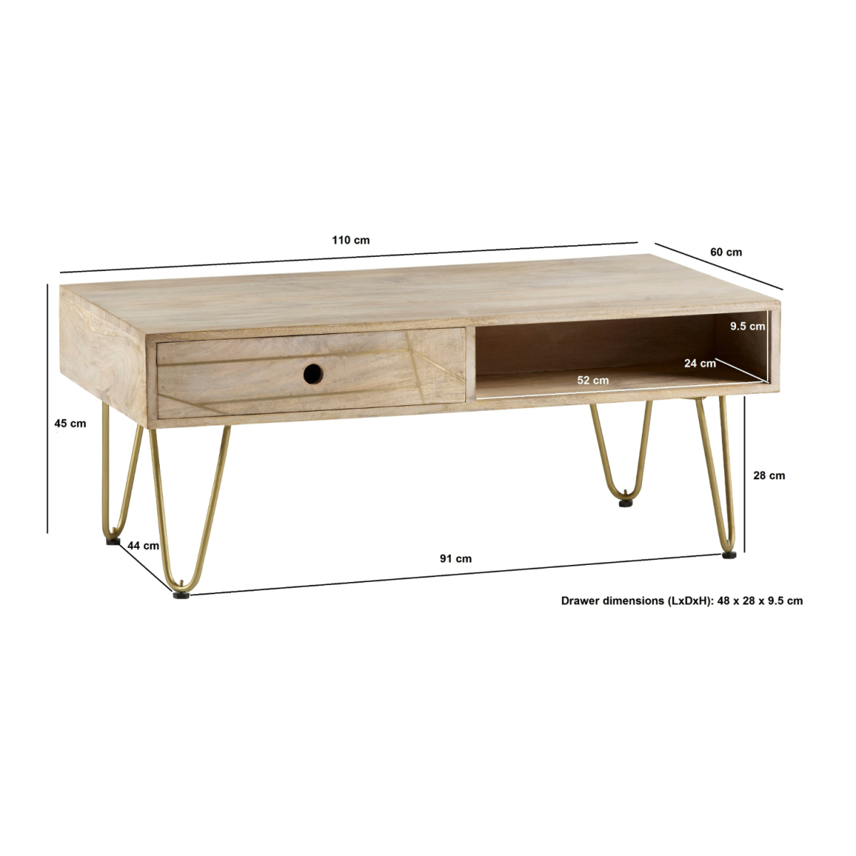 Rectangular Coffee Table with Drawer & Light Gold Metal Inlay – Solid Wood Living Room Table