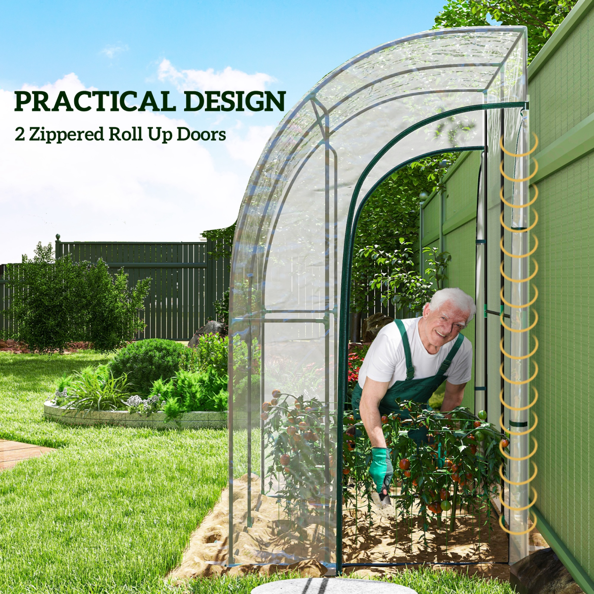 Outsunny Walk-in Lean-to Wall Greenhouse, 143 x 118 x 212cm, with Zipped Doors – Plastic Cover, Steel Frame