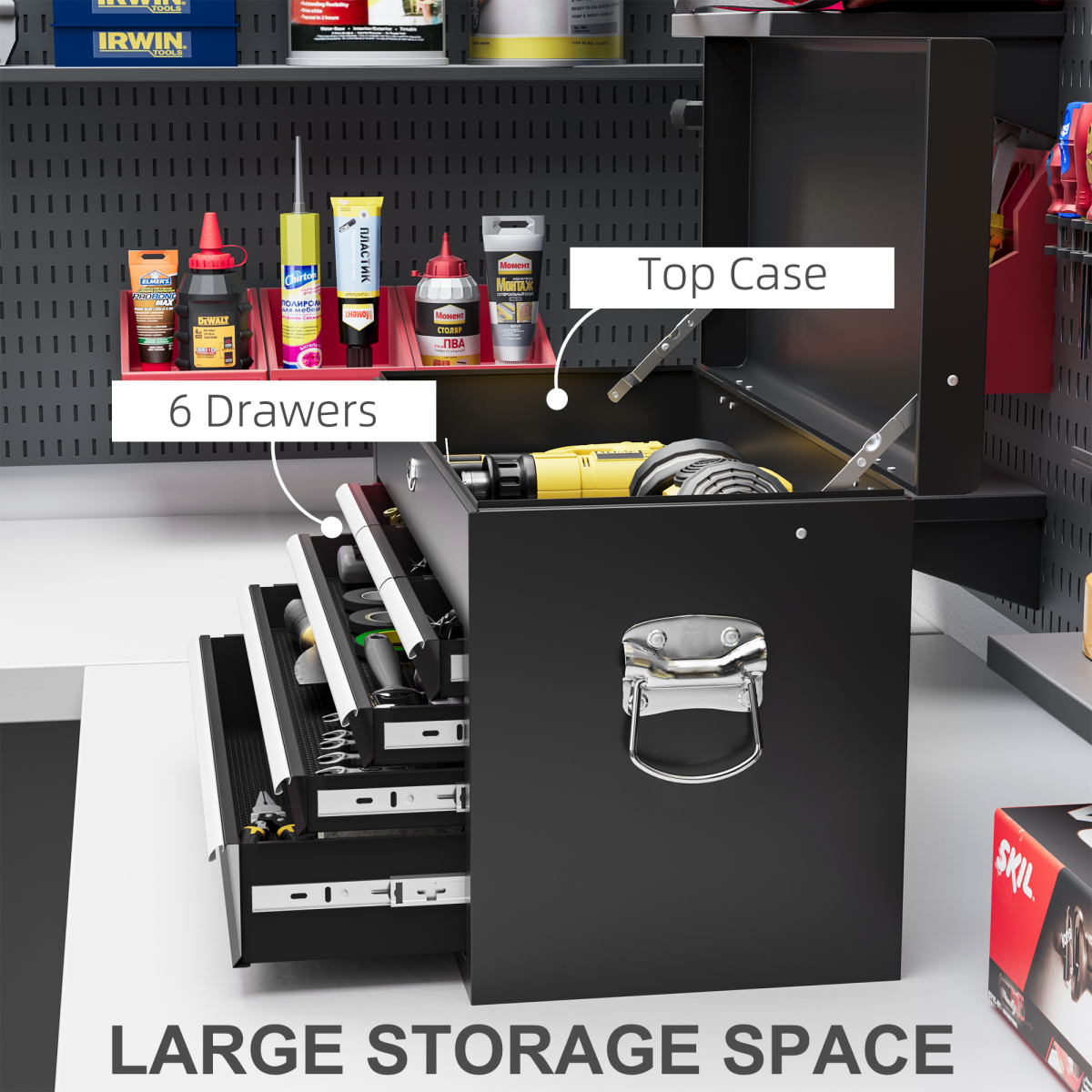 Lockable Steel Tool Chest with 6 Drawers, Top Storage & Ball Bearing Runners – Portable Tool Box, Black