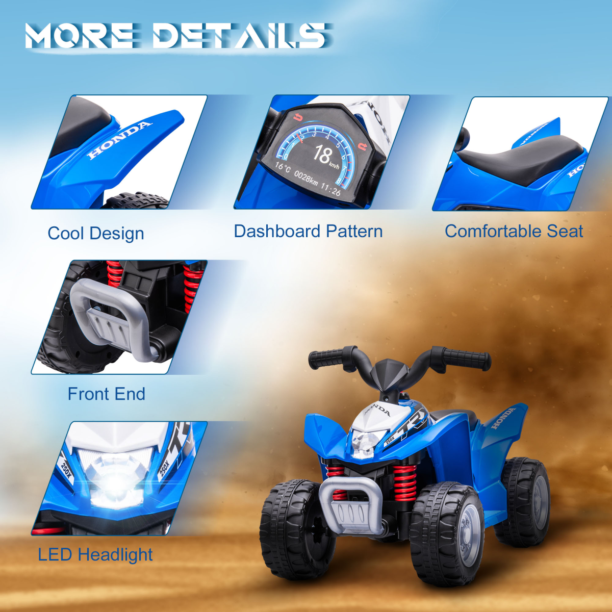 AIYAPLAY Honda Licensed 6V Kids Electric Quad Bike with LED Lights & Horn – Ride-On ATV for 18-36 Months, Blue