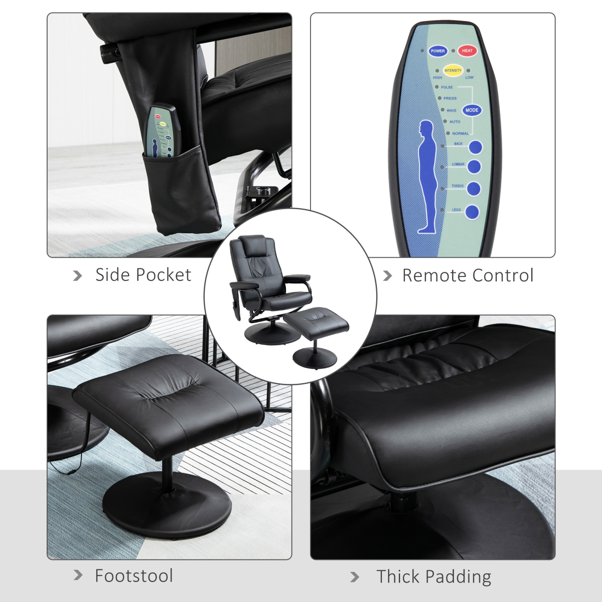 Massage Recliner Chair & Ottoman Footstool Set with High Density Cushioning – Living Room Relaxation, Black