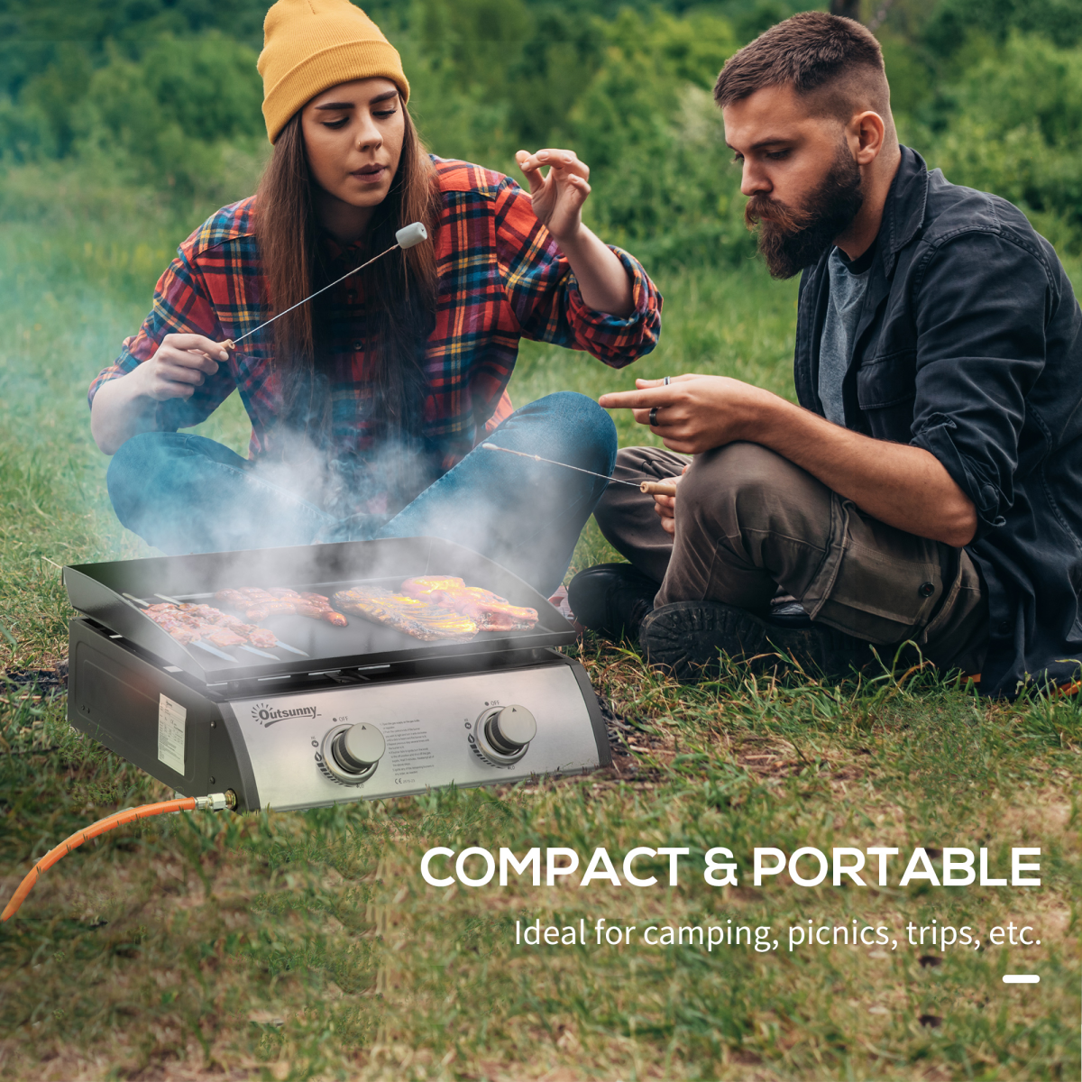 Outsunny Portable Gas Plancha BBQ Grill with 2 Stainless Steel Burners, 6kW – Non-Stick Hotplate & Grease Box