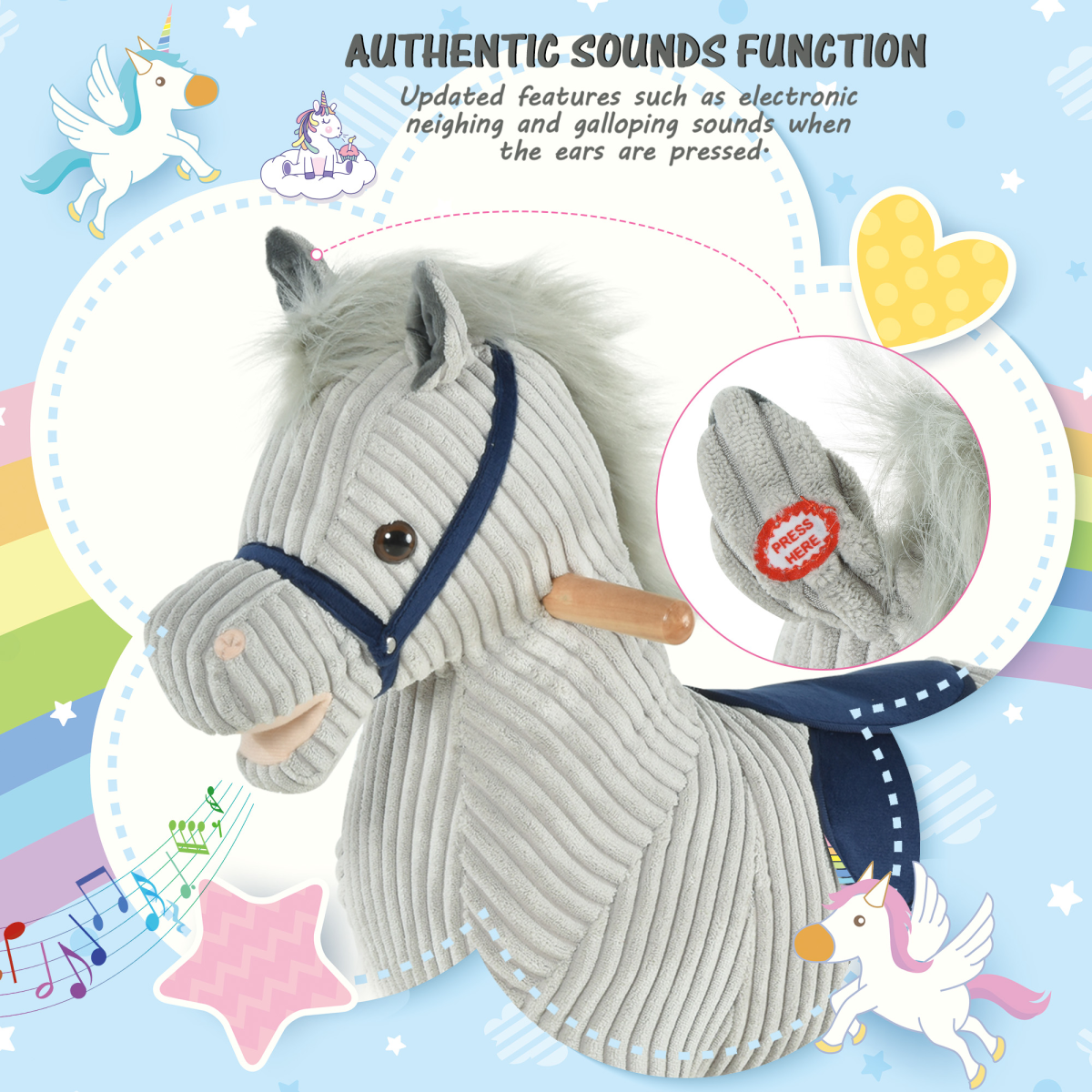 Kids Wooden Rocking Horse with Corduroy Finish, Footrest & Neighing Sounds – Traditional Ride-On, Grey