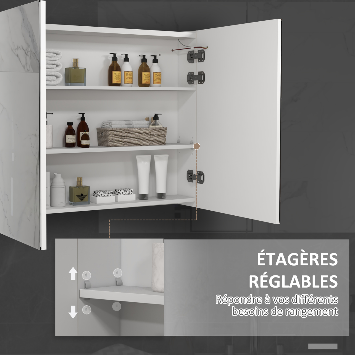 kleankin Wall Mounted Bathroom Mirror Cabinet with LED Light & USB Port – Adjustable Shelves