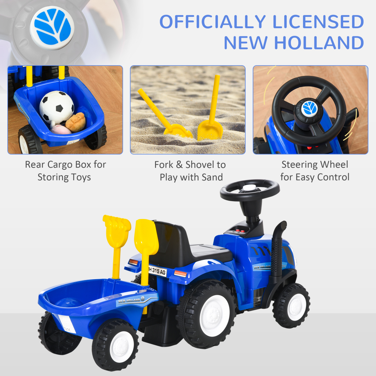 HOMCOM Toddler Ride-On Tractor Walker with Horn and Headlights – Foot-to-Floor Slider, 12–36 Months, Blue