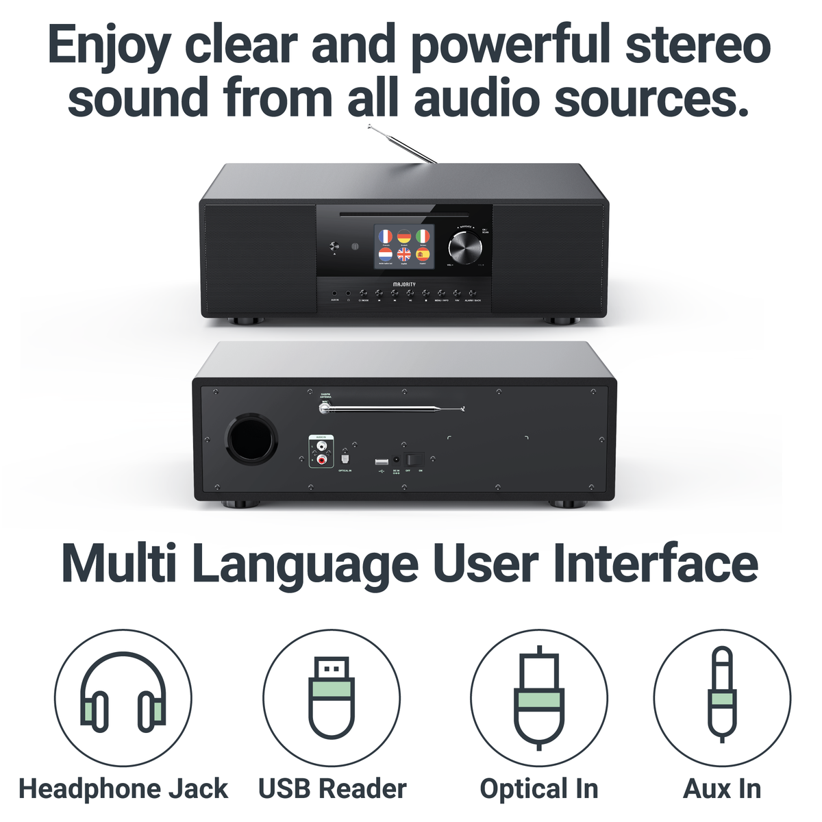 Majority Quadriga Music System with DAB+, Internet Radio, CD, Bluetooth & Spotify Connect – 120W, Black