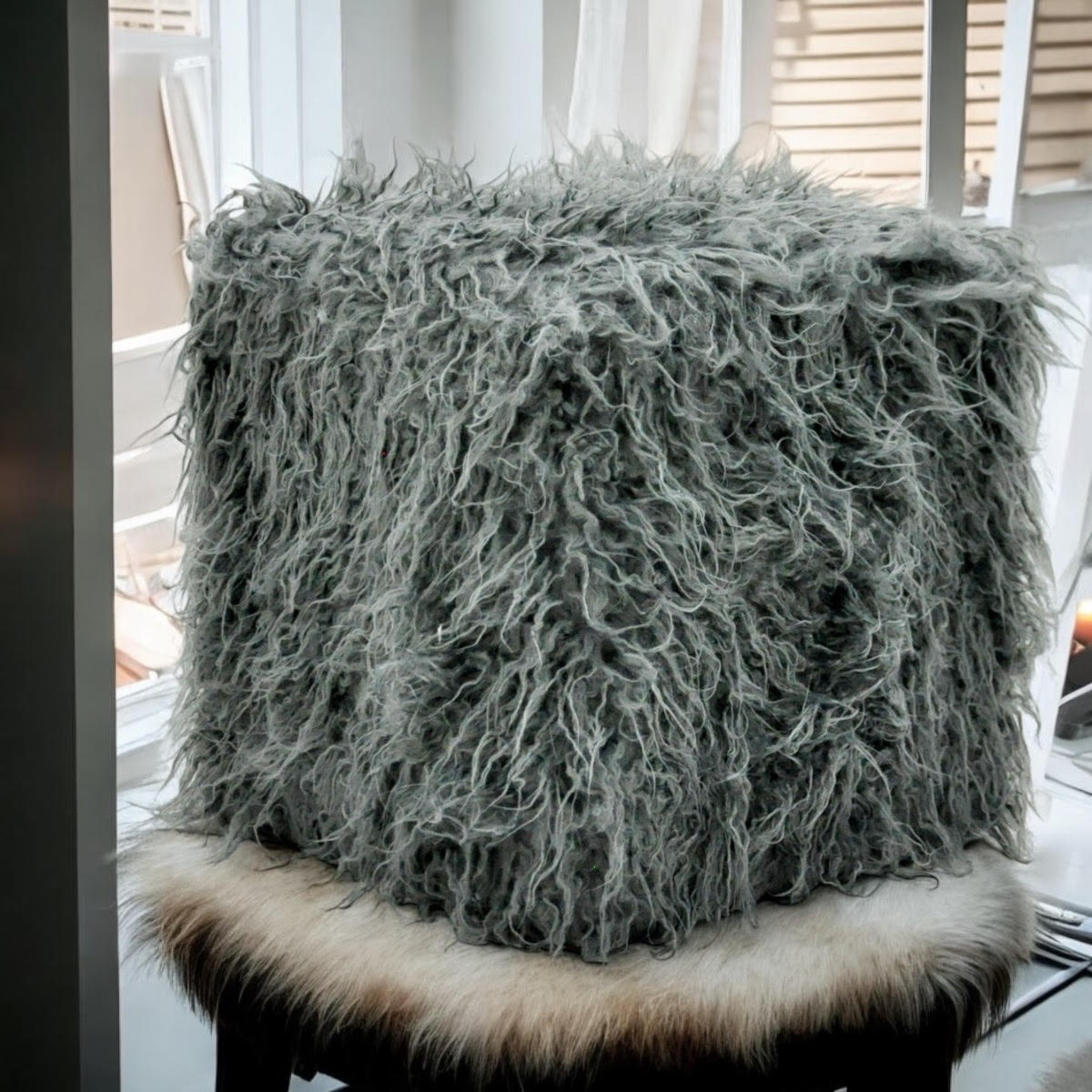 Dark Grey Faux Fur Cube Ottoman Footstool, 38cm – Super-Soft Sponge-Padded Footrest for Home or Office
