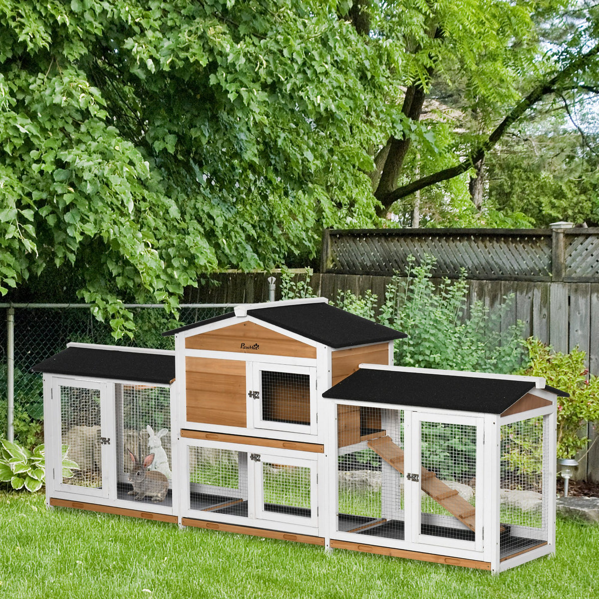 PawHut Two-Tier Wooden Rabbit Hutch with Two Runs, Slide-Out Trays & Ramp – Outdoor Guinea Pig Hutch