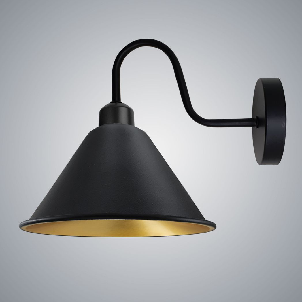 Vintage Cone Wall Light with Swan Neck Arm & E27 Socket – Dimmable Metal Sconce, Black and Gold
