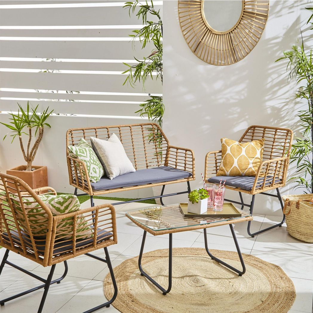 Neo Bamboo Style Rattan Garden Sofa Set with Glass Top Table and 2 Chairs, 4 Piece – Indoor & Outdoor, Grey