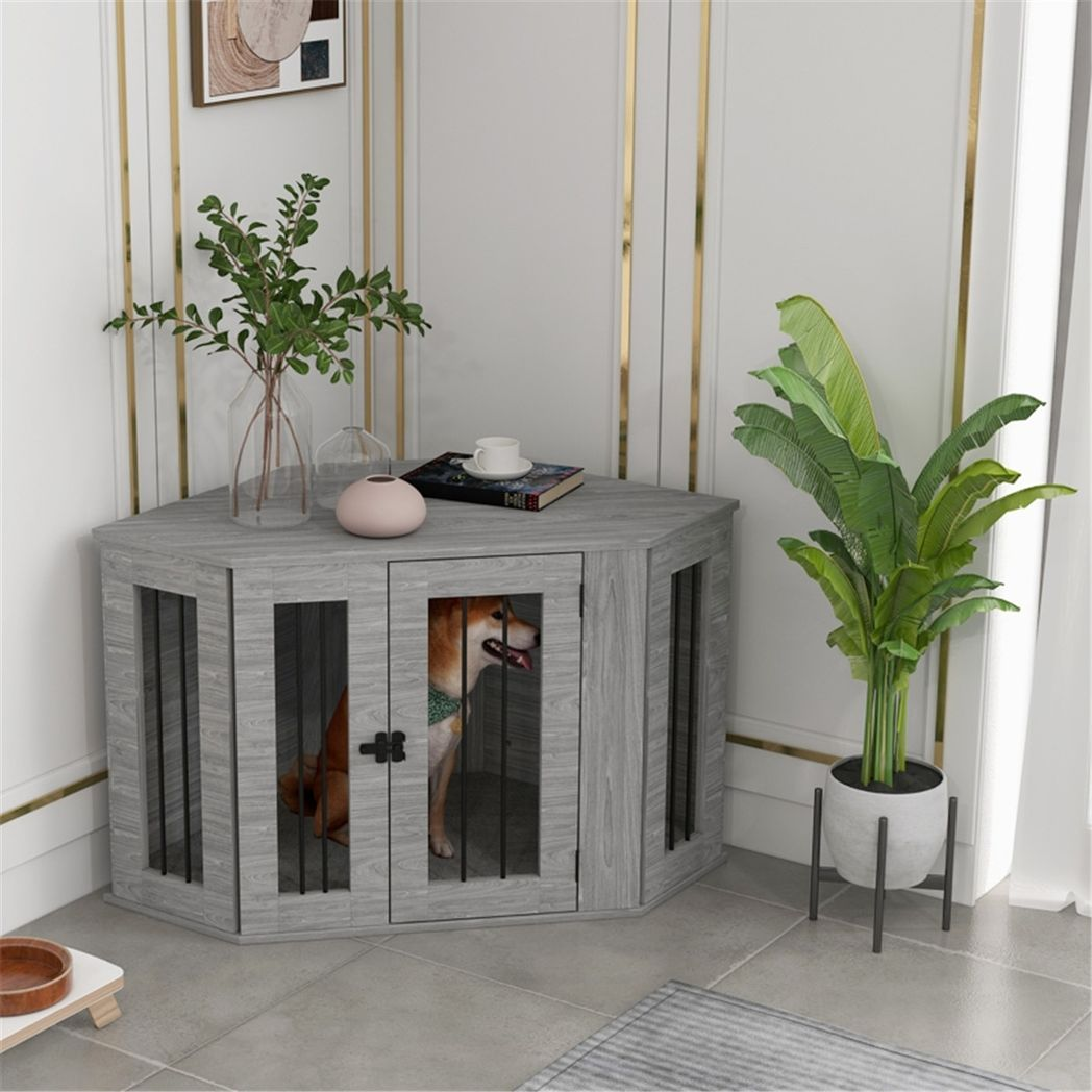 Dog Crate Furniture Side Table with Cushion & Large Entrance – For Medium Dogs up to 20kg, Grey