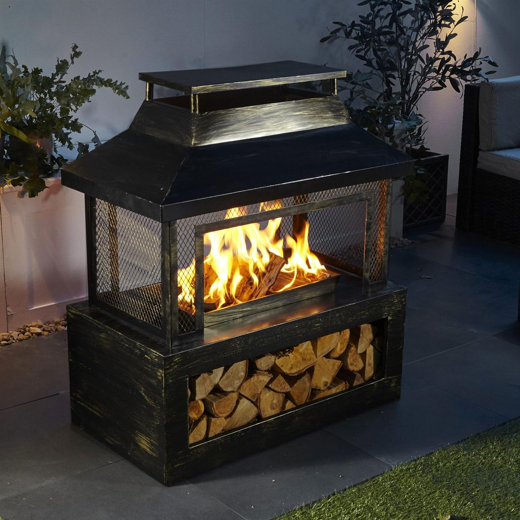 Neo Black Steel Outdoor Fire Pit Log Burner with Mesh Surround, Grate & Poker – 56cm Garden Patio Heater