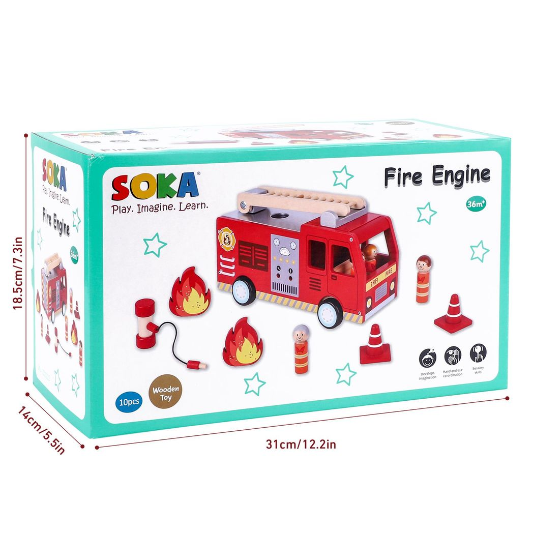 SOKA Wooden Fire Engine Playset with Extending Ladder, 4 Firefighter Figures & Hose – Kids Role Play Toy