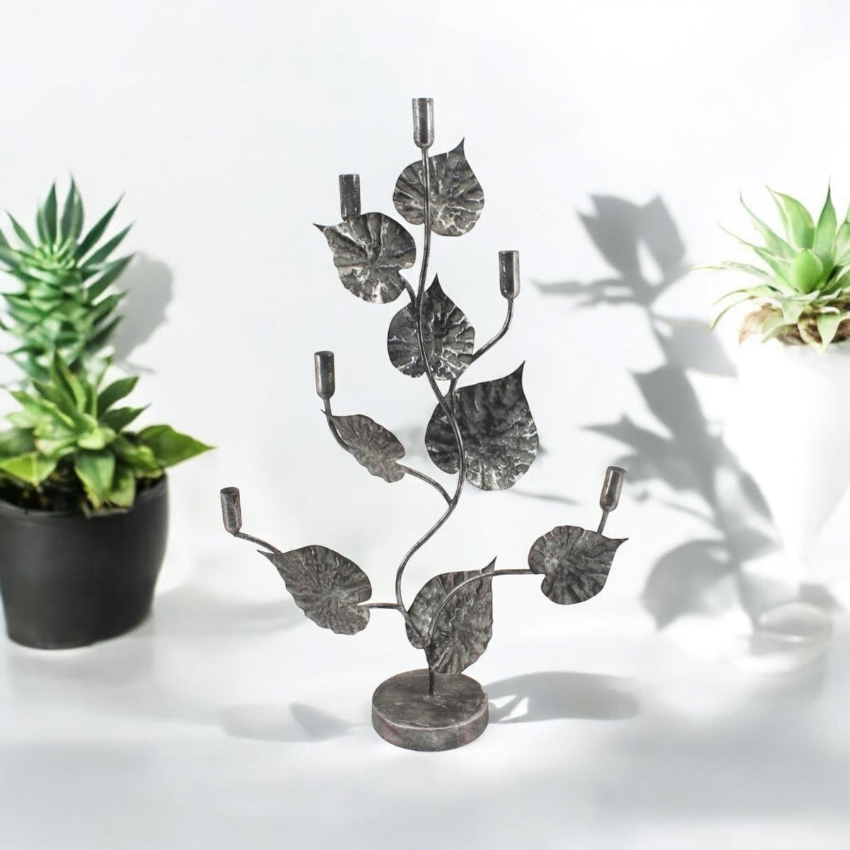Silver Flower-Shaped Metal Candelabra, 77cm Tall – Art Deco Floral Table Centrepiece