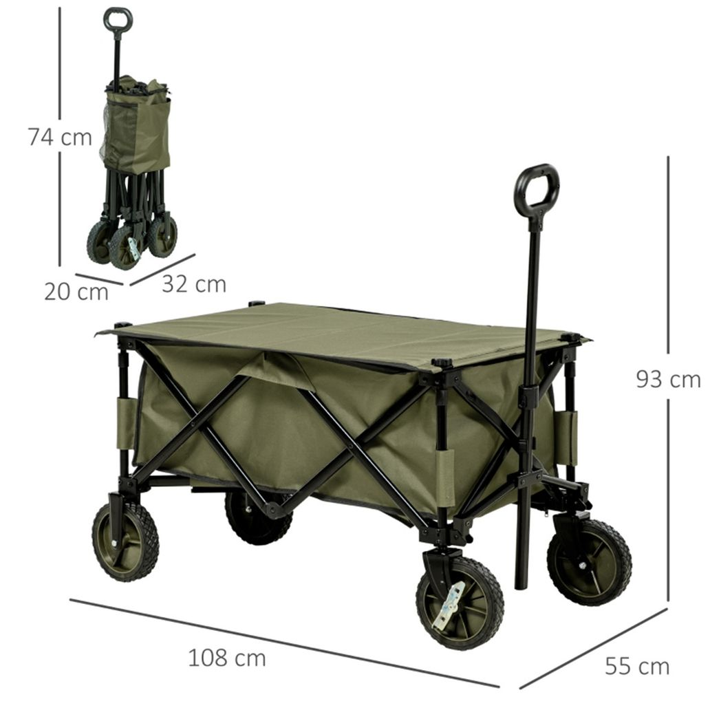 Folding Garden Cart with 4 Braked Wheels, Adjustable Handle & Top Cover – 125L Trolley for Camping & Gardening, Green