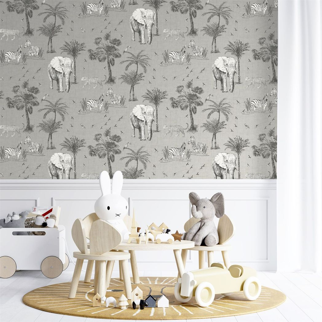 Arthouse Safari Lagoon Wallpaper with Hand-Drawn Safari Animals & Palm Trees – Linen-Look Feature Wall, Grey