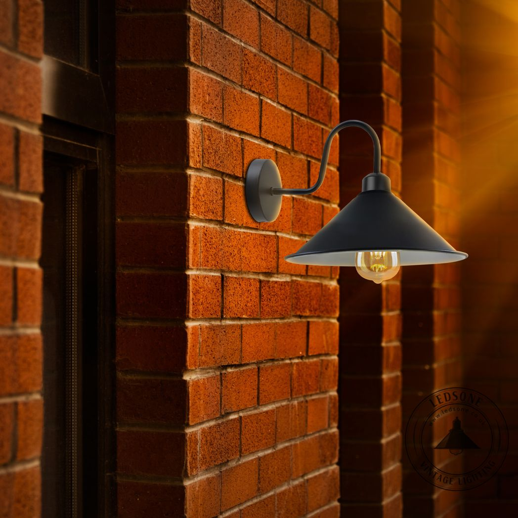 Black Cone Wall Light with Swan Neck Arm and E27 Base – Dimmable Vintage Indoor Wall Sconce