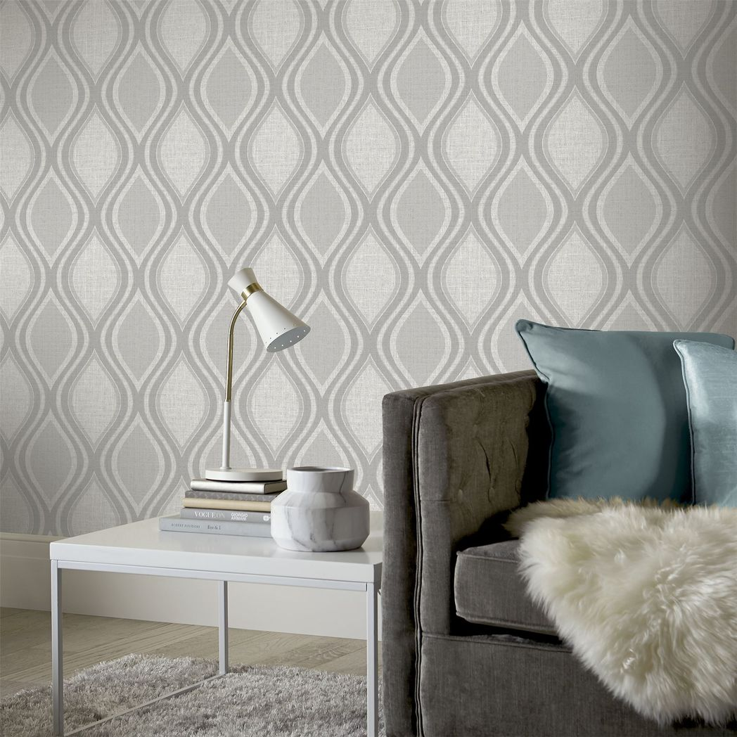 Arthouse Curve Heavyweight Vinyl Wallpaper with Teardrop Design & Metallic Shimmer – Strippable, Grey