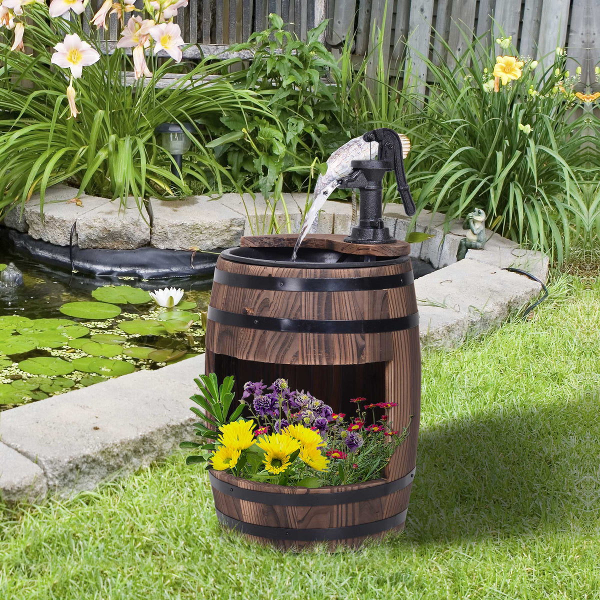 Outsunny Retro Water Pump Barrel Fountain, Solid Fir Wood – Garden Water Feature & Flower Planter Stand