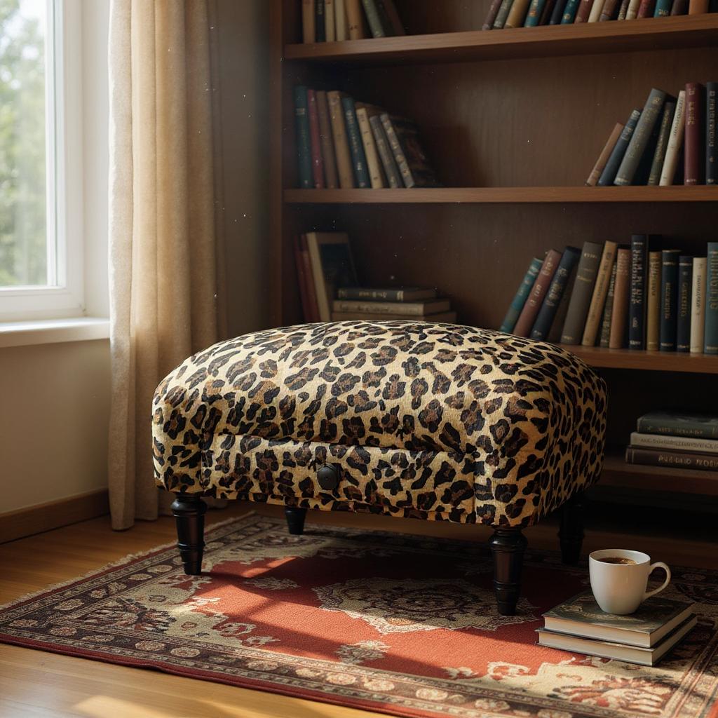 AcaciaHome Deluxe Upholstered Tapestry Ottoman Footstool with Storage Drawer – Solid Wood, Leopard Fabric