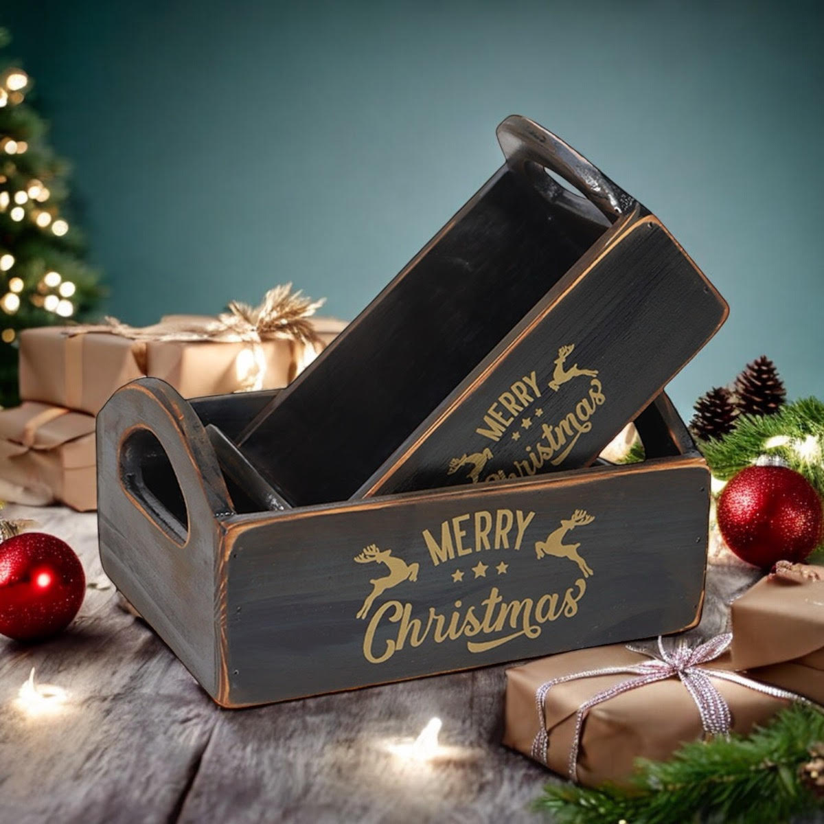 AcaciaHome Vintage 'Merry Xmas' Wooden Storage Crates, Set of 2 – Stackable with Handles, Black