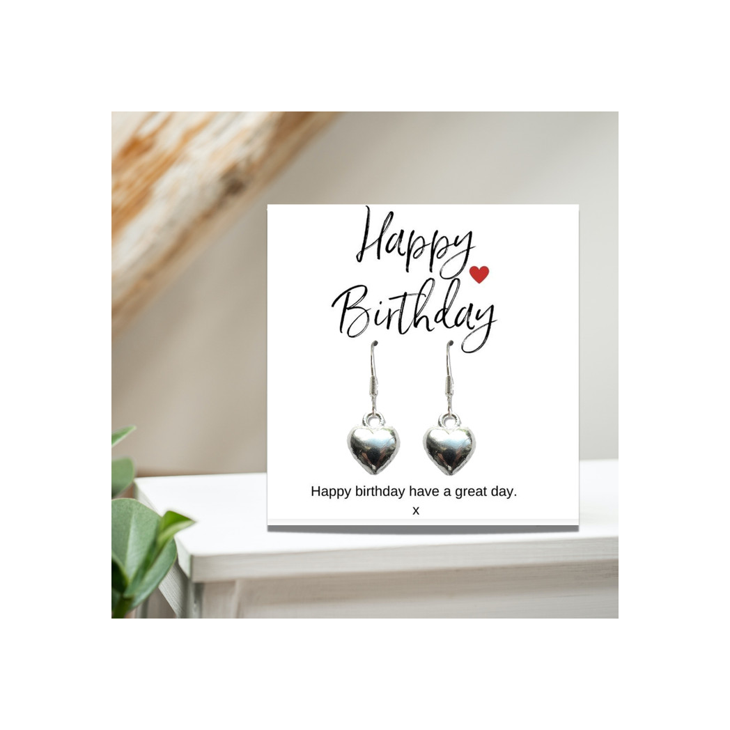 Aye Do Gifts Happy Birthday Puff Heart Earrings with Message Card – Silver Plated Gift in Black Gift Box