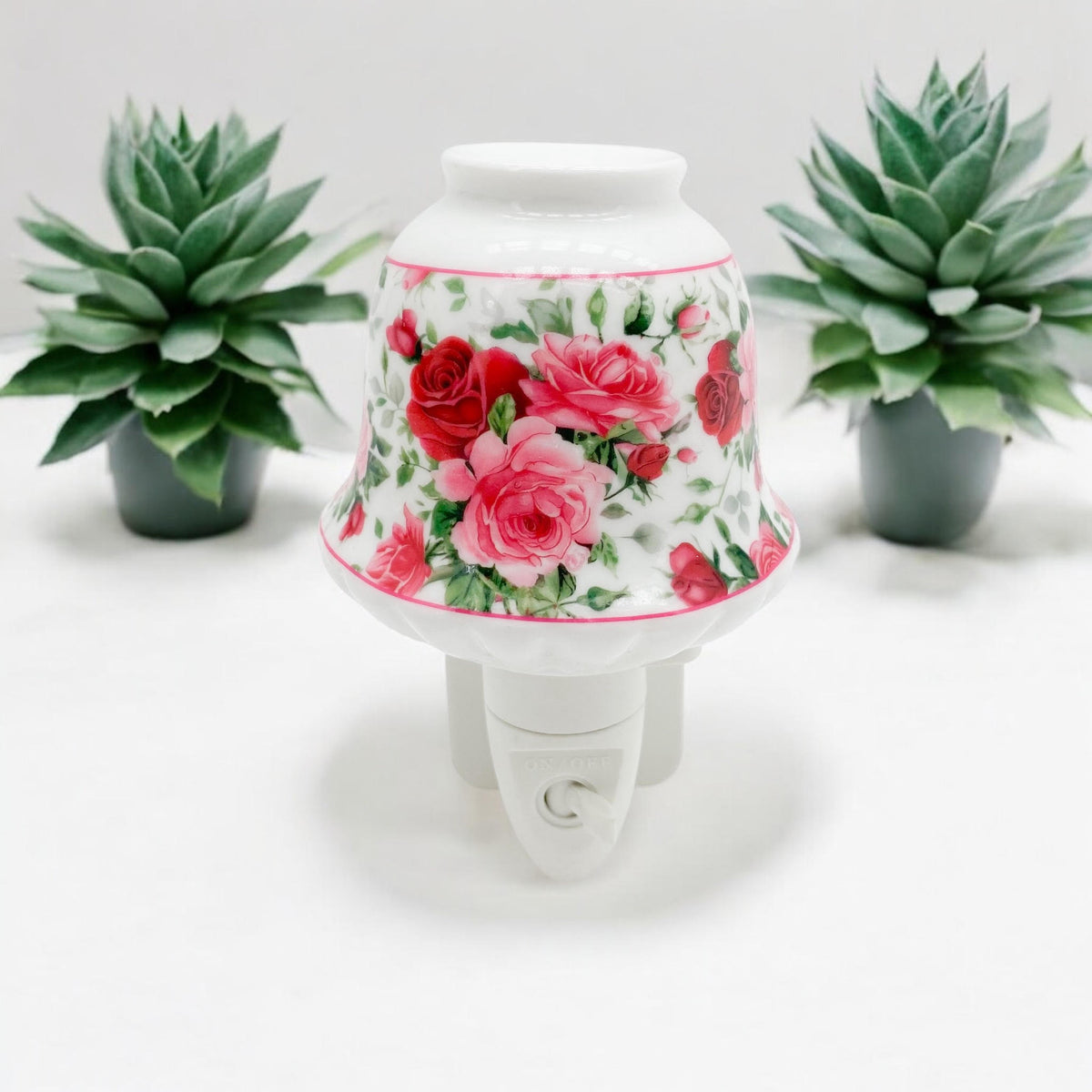 Ceramic Plug-In LED Night Light with Colourful Floral Design – Decorative Bedroom and Hallway Light, Pink