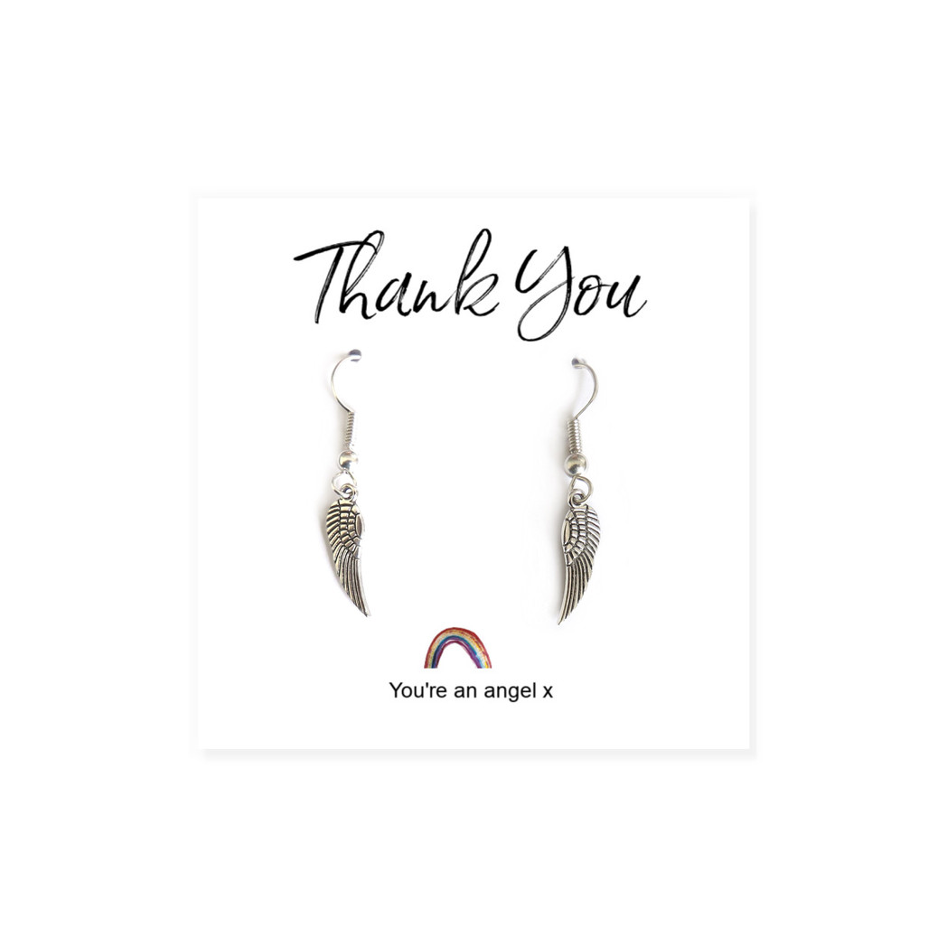 Aye Do Gifts Angel Wing Earrings on Rainbow Thank You Card – Sterling Silver Plated Gift in Black Gift Box