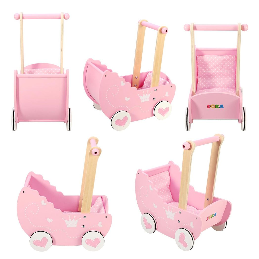 SOKA Princess Doll's Pram with Bedding – Pink Pretend Play Toy Pram for Toddlers, Dolls Not Included