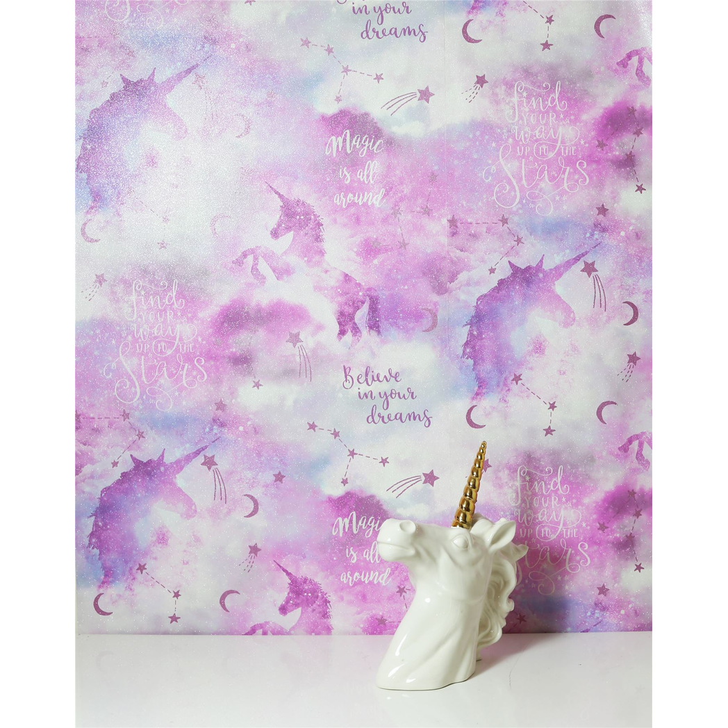 Arthouse Galaxy Unicorn Vinyl Wallpaper with Soft Glitter – Paste the Paper Kids Room Covering, Blush Multi