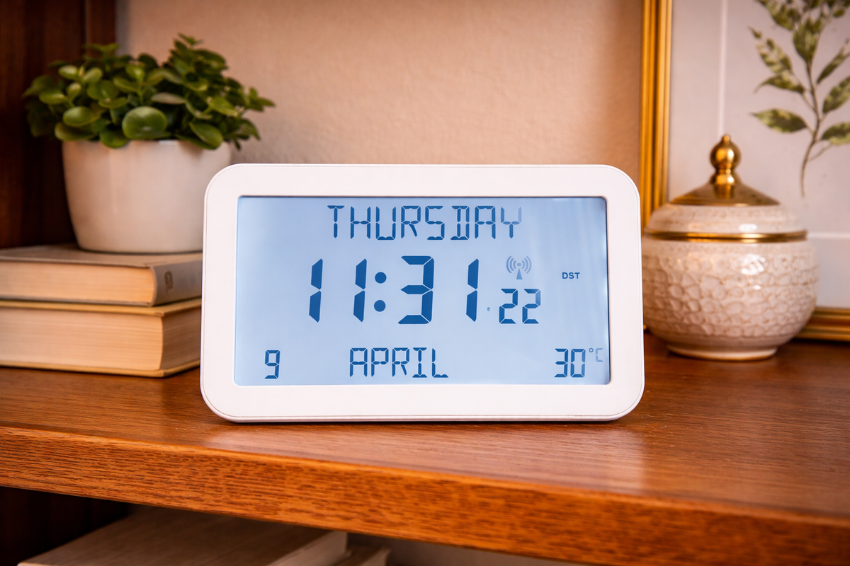 Avilo Backlit Full Disclosure Radio Controlled Clock with Easy-Read 2.5cm Digits – 6 Languages, White