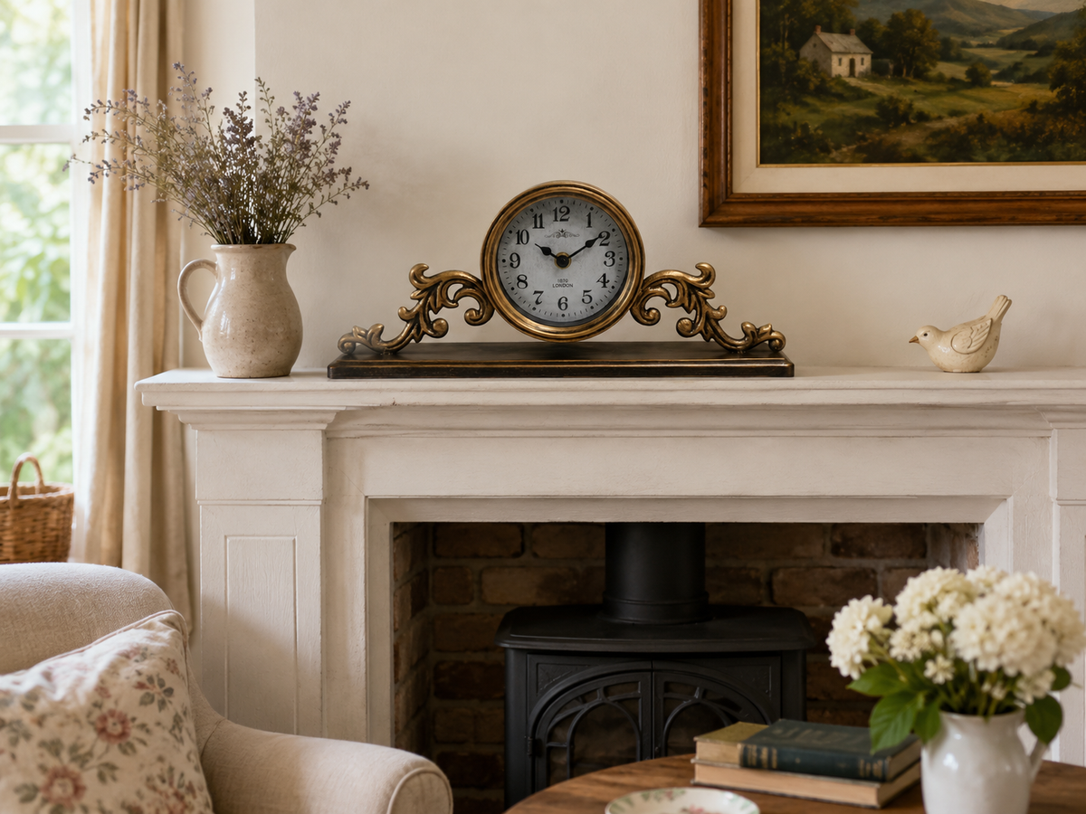 Avilo Regal Mantlepiece Table Top Clock in Iron and Glass – Elegant Mantel and Windowsill Decor